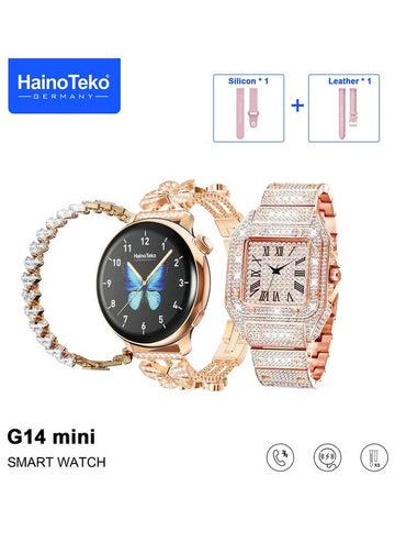 Mini Smart Watch With Stylish Analog Watch Beautifully Designed Bracelet and 3 Pair Straps Designed For Women Gold